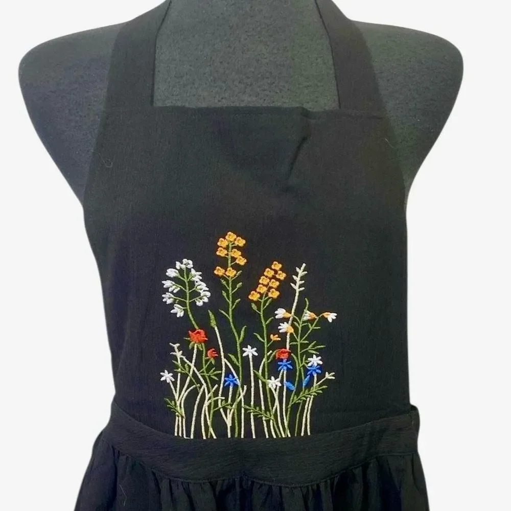 Black Embroidered Apron Midi Dress | Cottagecore Folk Floral | Size L - Picture 2 of 8